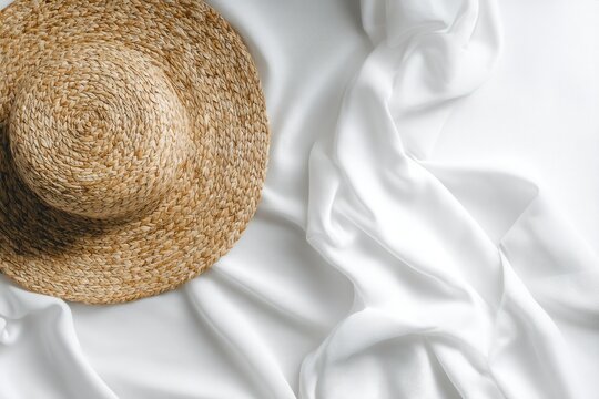 A sun hat made of woven straw rests on a backdrop of smoothly draped white fabric.  The lighting is soft and even, highlighting the textures of both the hat and cloth