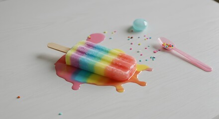 Rainbow Popsicle Melting on White Background A Summer Treat