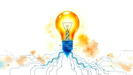 Colorful Light Bulb with Orange Glow and Circuit Patterns on White Background
