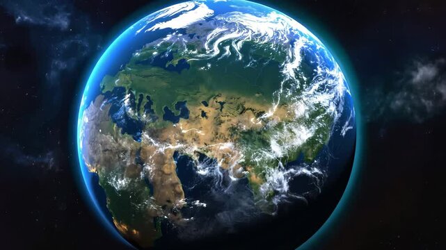 Rotating eurasia continent displaying intricate landmass surface through translucent atmospheric cloud layers against cosmic backdrop