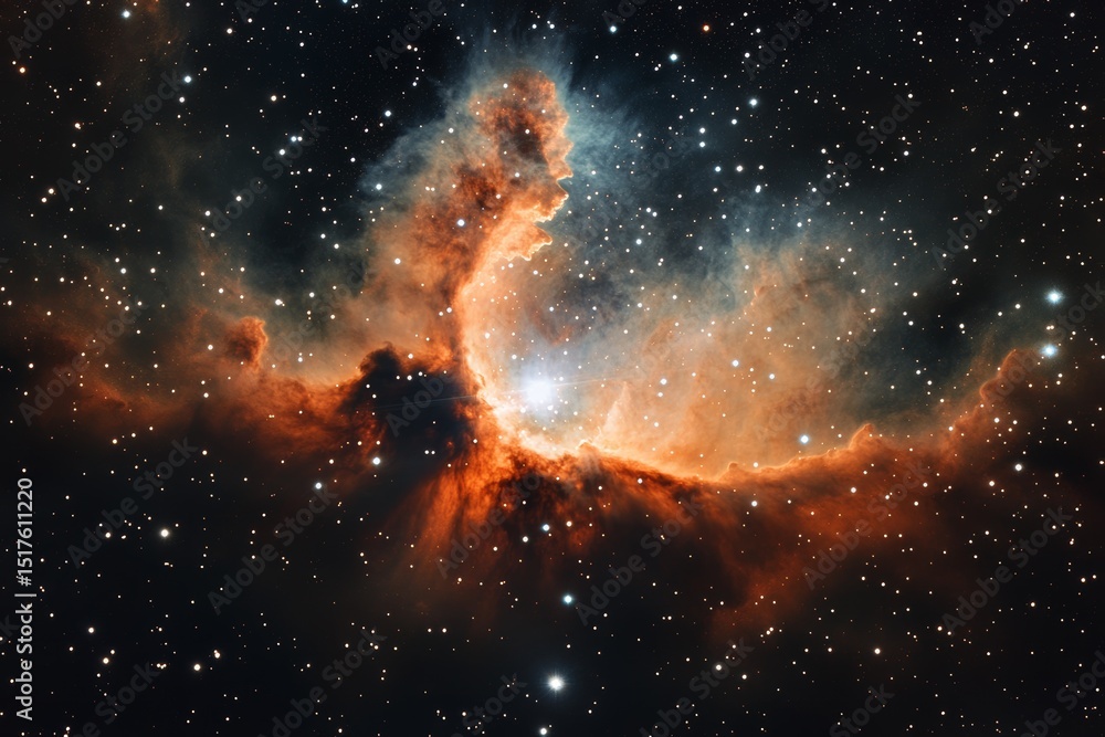 Poster cosmic nebula illuminated by starlight showcases vibrant colors and intricate structures in deep spa