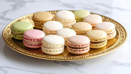 Fototapeta premium Assorted French Macarons on Elegant Golden Tray