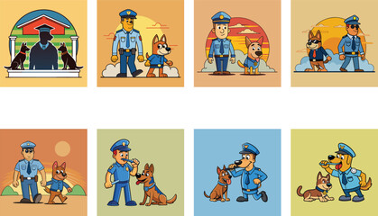 Cartoon Police Officers And Dogs Illustrations In Various Scenes And Concepts