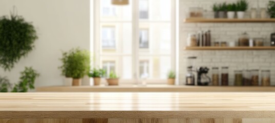 Minimalist Kitchen Scene with Wooden Countertops, Shelves, and Natural Light from Window