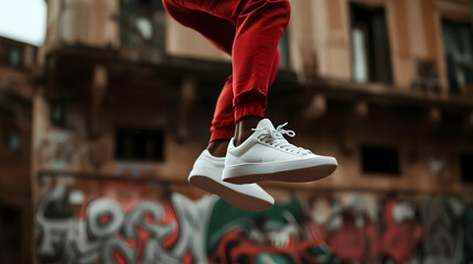 Jumping Feet In Red Pants And White Sneakers Urban Scene