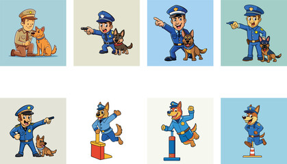 Cartoon Police Officers And Police Dogs Illustrations Security Guard Canine Patrol
