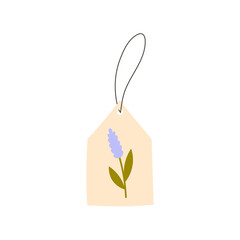 Tag with Lavender Flower and String. Paper label with flower and thread. Flat vector illustration for handmade product design
