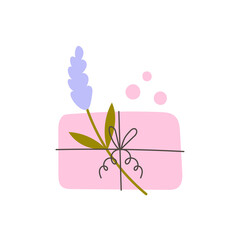 Handmade Soap Bar with Lavender Sprig. Minimal Homemade clean and body care product with rustic thread tied bow flower and bubbles