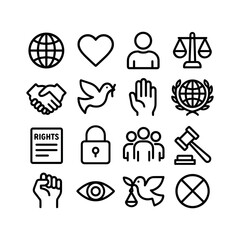 Simple Outline Human Rights Icon Set with Global Elements and Justice Symbols