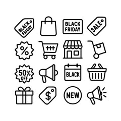 Minimalist Outline Black Friday Sale Shopping Element Icon Pack Set
