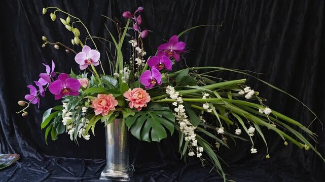Elegant floral arrangement featuring pink, purple, and green flowers in a clear vase, ideal for decor, celebrations, and natural beauty themes.