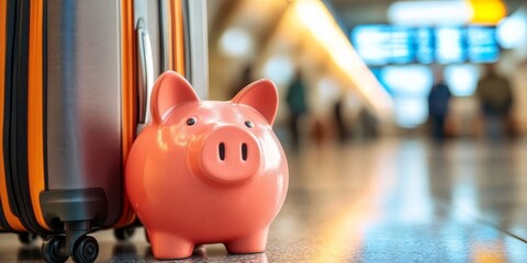 Obraz premium Creative Concept of a Piggy Bank Next to a Suitcase Representing Vacation Savings and Travel Plans