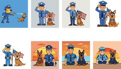 Cartoon Policemen And Police Dog Illustrations Saluting And Showing Patriotism In Various Styles