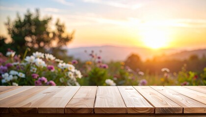 Wood board table in front of summer landscape of field with many flowers background is blurred
