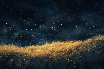 Fototapeta premium Starry night sky above glowing grass field under a tranquil atmosphere in a remote location