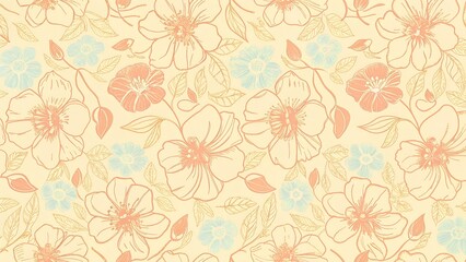 Motivo floral con flores melocot&oacute;n y azules sobre fondo crema  