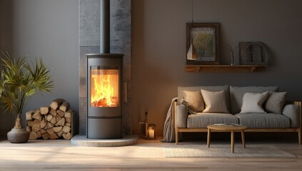 Cozy living room with a modern wood-burning stove, showcasing a warm and inviting atmosphere.  A comfortable sofa and wooden accents complete the scene