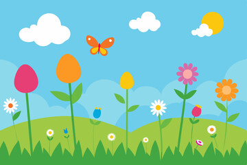 Naklejka premium A vibrant spring meadow with colorful Easter eggs and blooming flowers under a bright sky, perfect for a cheerful seasonal design