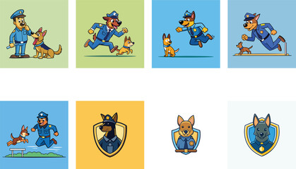 Cartoon Canine Police Officers Training With Dogs In Various Poses And Outfits