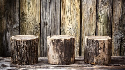 Fototapeta premium Three Rustic Log Stumps Arranged Before a Wood Panel Backdrop