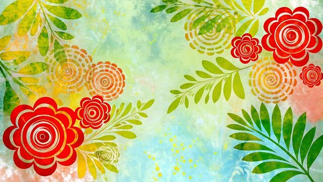 Buntes florales Design mit roten Blumen und gr&uuml;nen Bl&auml;ttern auf strukturiertem Hintergrund 