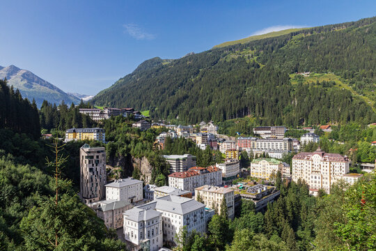 Scenic view of Bad Gastein in the Gastein Valley, Austria, showcasing its unique architecture and natural surroundings.