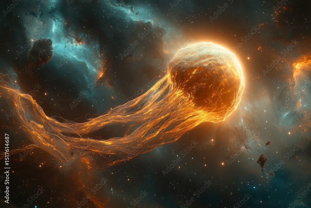 Poster celestial jellyfish floating through a vibrant cosmic landscape in deep space