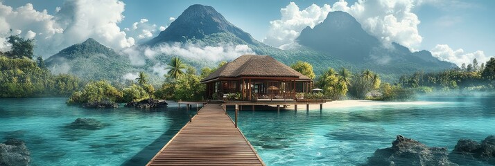 Obraz premium Tropical island bungalow with mountains and clear blue water under cloudy sky.