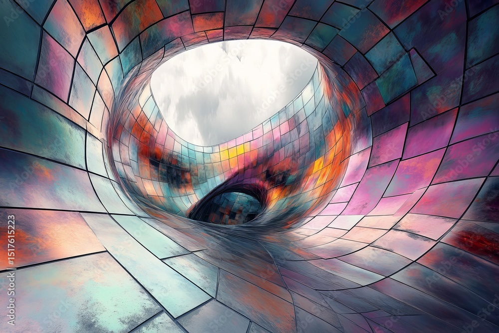Poster unique architectural structure with colorful tiles reflecting light in a surreal and abstract enviro