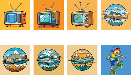 Diverse Cartoon Illustration Set Featuring Retro Tvs Planes And A Skateboarder