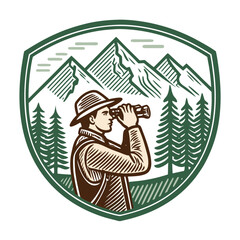 Design a classic, vintage-style badge featuring a hunter using binoculars, meticulously detailed, with a woodland background.