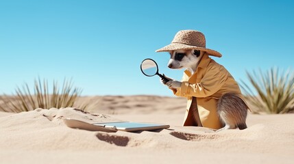 Detective meerkat exploring desert landscape with magnifying glass
