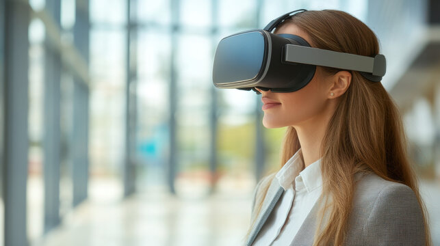 Young Businesswoman Experiencing Virtual Reality in Modern Office Setting