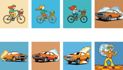 Retro Cartoon Set Featuring People On Bicycles And Classic Muscle Cars