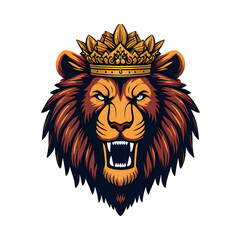 Obraz premium Close-up of a powerful lion's head with an ornate crown, regal and fierce, intricate gold detailing, cinematic lighting, hyperrealistic texture, dark royal atmosphere.