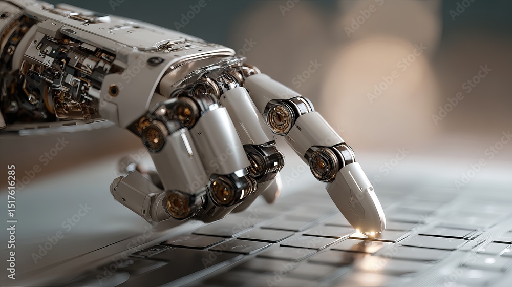 Poster advanced robotic hand precisely typing on modern laptop keyboard futuristic technology innovation di