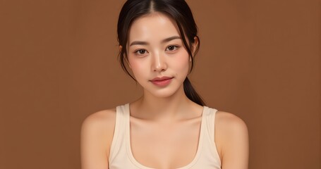 Professional beauty photography female model in white tanktop highlights radiant complexion in cozy brown studio setting
