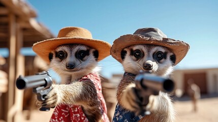 Two meerkats dressed in cowboy attire playfully pointing toy guns in a whimsical wild west setting.