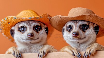 Meerkats in cowboy hats fun photoshoot studio charming close-up