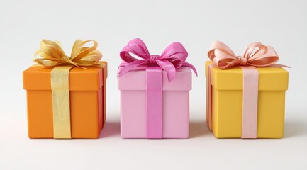 Fototapeta premium Three colorfully wrapped presents sit side-by-side against a stark white background. Each gift box features a matching ribbon and bow