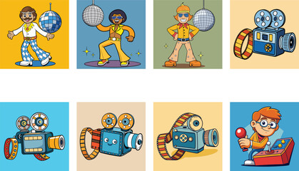 Cartoon Illustration Featuring Retro Disco Dancers And Vintage Film Cameras And Gamer