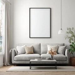 Modern living room interior, gray couch, blank frame