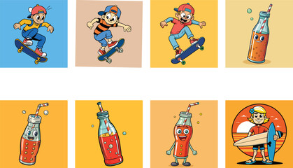 Cartoon Illustrations Featuring Skateboarders And Refreshing Drink Characters In Retro Style