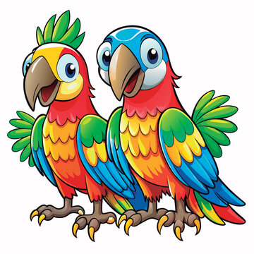 Vector illustration of a Two happy cartoon parrots.