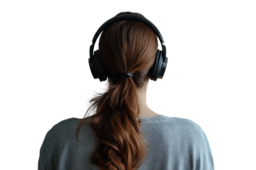 Woman listening to music with wireless headphones bliss audio contentment on transparent background
