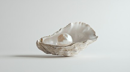 A single, lustrous pearl rests within a slightly open oyster shell, set against a minimalist, off-white backdrop.  The image emphasizes the pearl's smooth surface and the shell's textured exterior