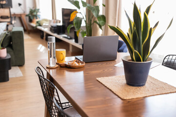 Modern home office setup with laptop and plants on a dining table