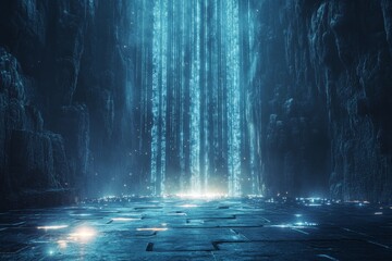 Digital waterfall flows through an ancient stone chamber illuminated by glowing blue particles in a surreal environment