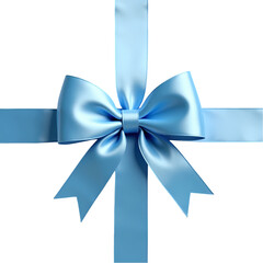A light blue satin ribbon tied into a bow with crossing bands on a black isolated background isolated on transparent background