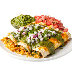Enchiladas with Green Sauce, Rice, and Salsa on a Plate
